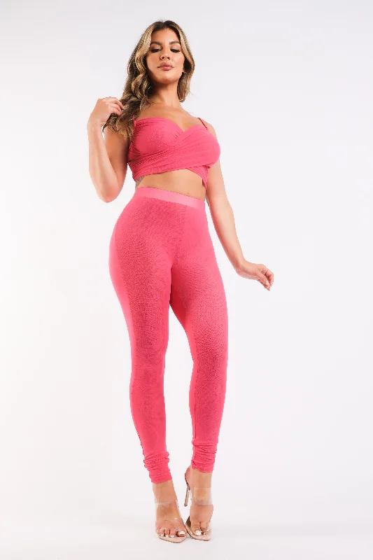 Basketball Shoes With Soft Mesh Upper-Mesh Contrast Sets Casual Sports Strappy Sleeve Top & Leggings FUCHSIA