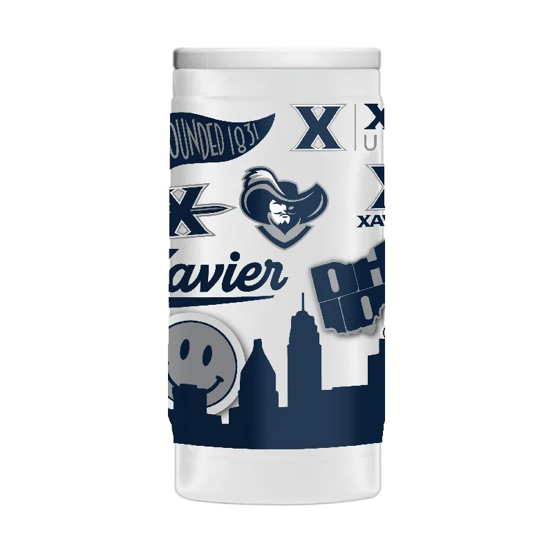 Team Mug For Personalized Game Day Merchandise-Xavier 12oz Native Powder Coat Slim Can Coolie