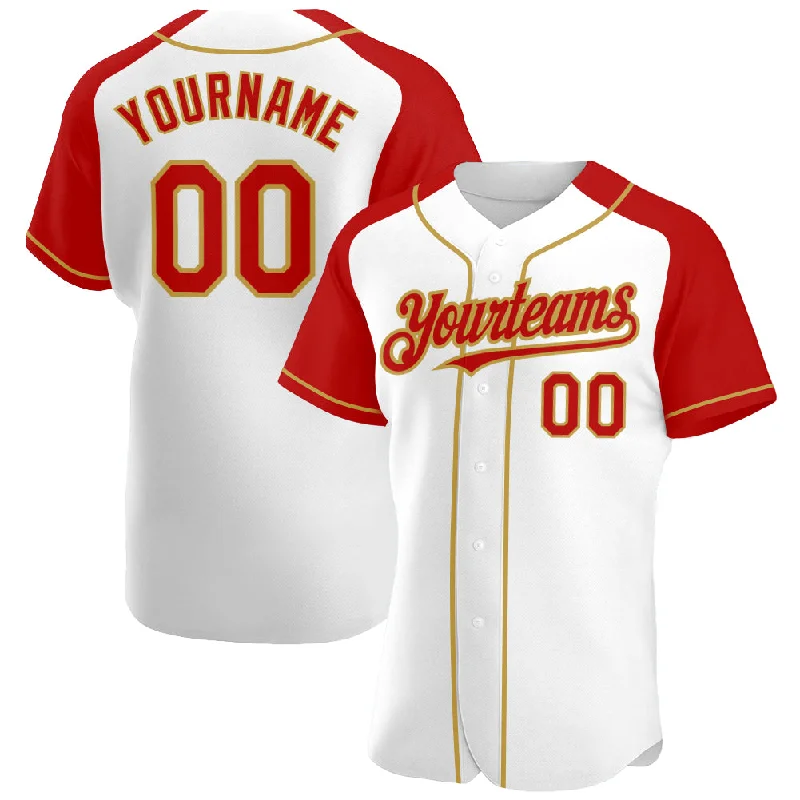 Baseball Jersey For Personalized School Orders-Custom White Red-Old Gold Authentic Raglan Sleeves Baseball Jersey