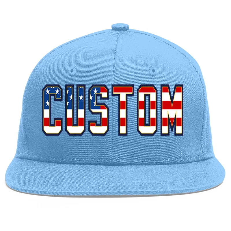 Baseball Cap With Custom Fan Graphics-Custom Light Blue Vintage USA Flag-Gold Flat Eaves Sport Baseball Cap