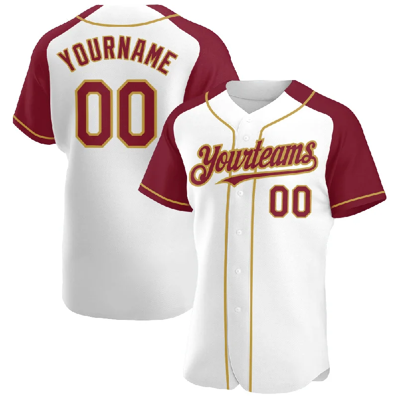 Baseball Jersey For Official Fan Gear Customization-Custom White Crimson-Old Gold Authentic Raglan Sleeves Baseball Jersey