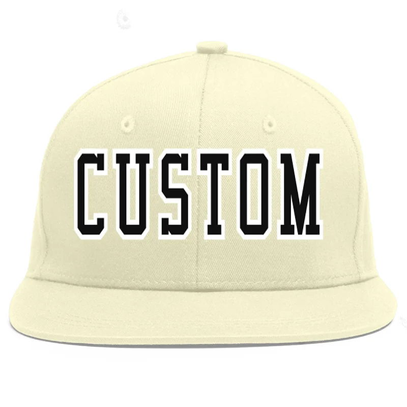 Baseball Cap For Softball Game Day Merchandise-Custom Cream Black-White Flat Eaves Sport Baseball Cap