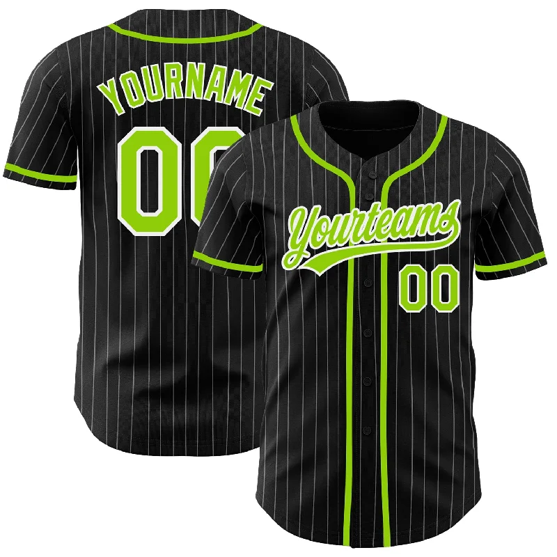 Baseball Jersey For Custom Team Spirit Gear-Custom Black White Pinstripe Neon Green Authentic Baseball Jersey