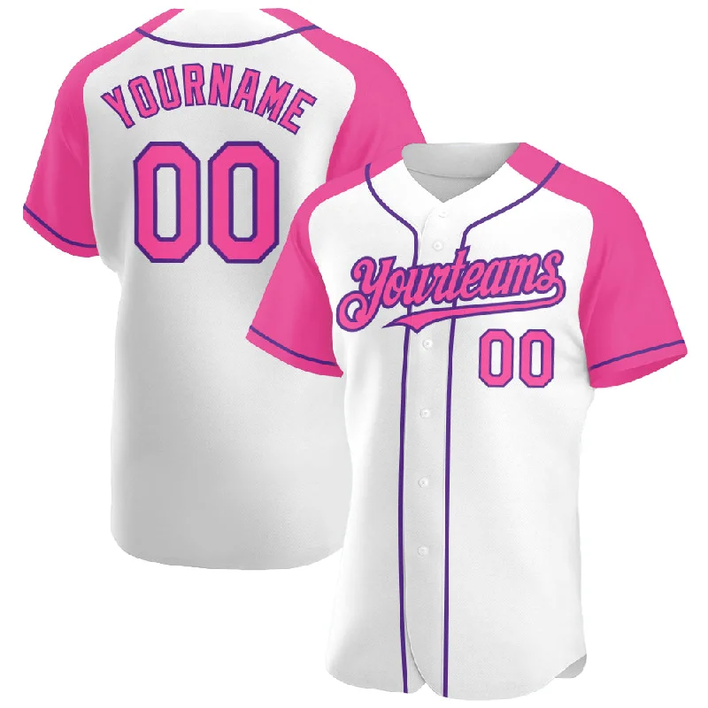 Baseball Jersey For Custom Fan Apparel-Custom White Pink-Purple Authentic Raglan Sleeves Baseball Jersey