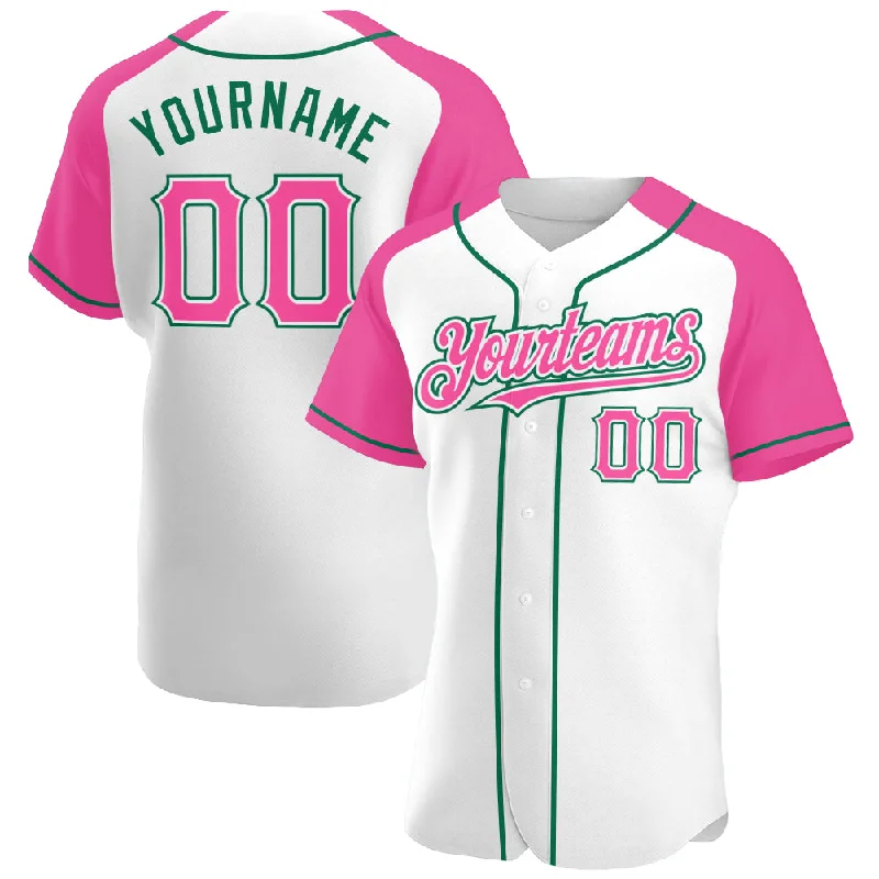 Baseball Jersey For Special Team Fundraisers-Custom White Pink-Kelly Green Authentic Raglan Sleeves Baseball Jersey