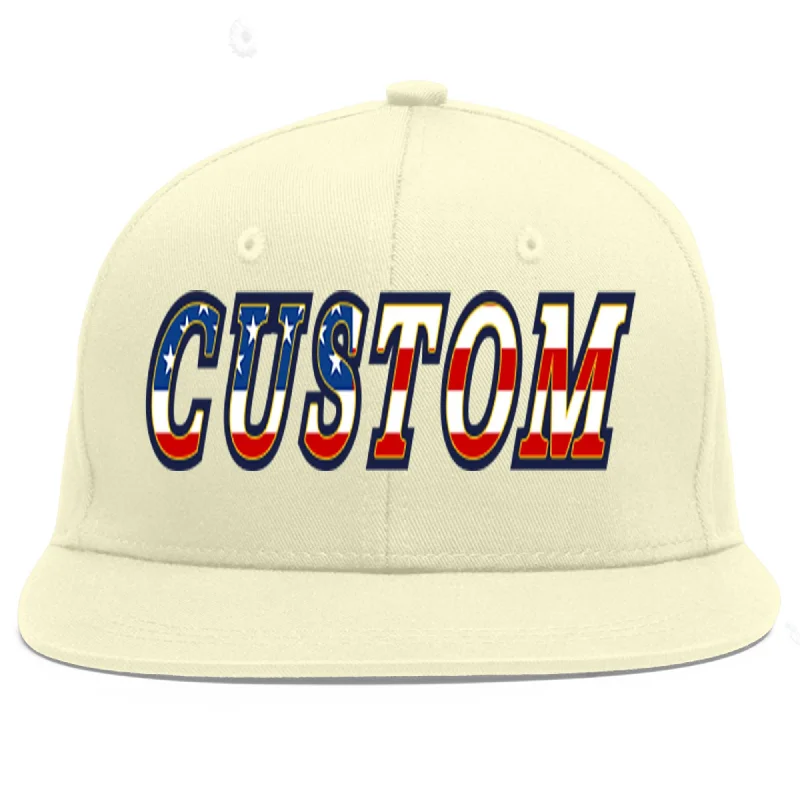 Baseball Cap For School Teams-Custom Cream Vintage USA Flag-Gold Flat Eaves Sport Baseball Cap