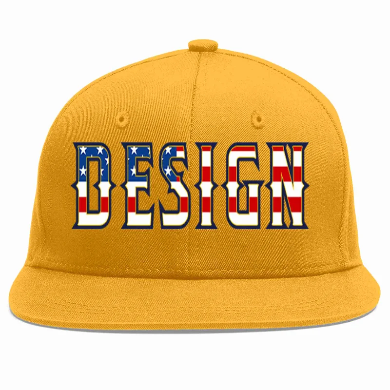 Baseball Cap For Sports Events-Custom Gold Vintage USA Flag-Gold Flat Eaves Sport Baseball Cap Design for Men/Women/Youth