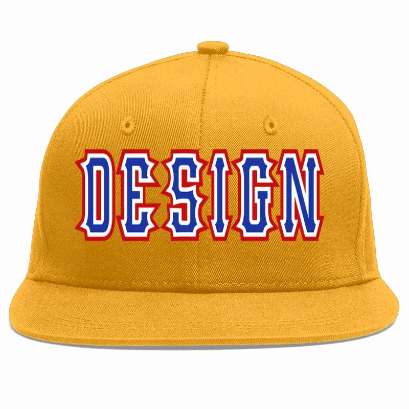 Baseball Cap For Professional Merchandise Customization-Custom Gold Royal-White Flat Eaves Sport Baseball Cap Design for Men/Women/Youth