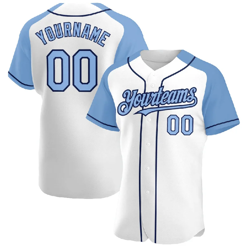 Baseball Jersey For Professional Fan Orders-Custom White Light Blue-Navy Authentic Raglan Sleeves Baseball Jersey