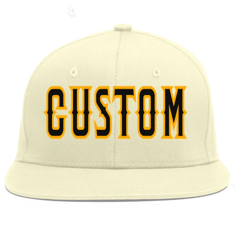 Baseball Cap With Team Logo-Custom Cream Black-Yellow Flat Eaves Sport Baseball Cap