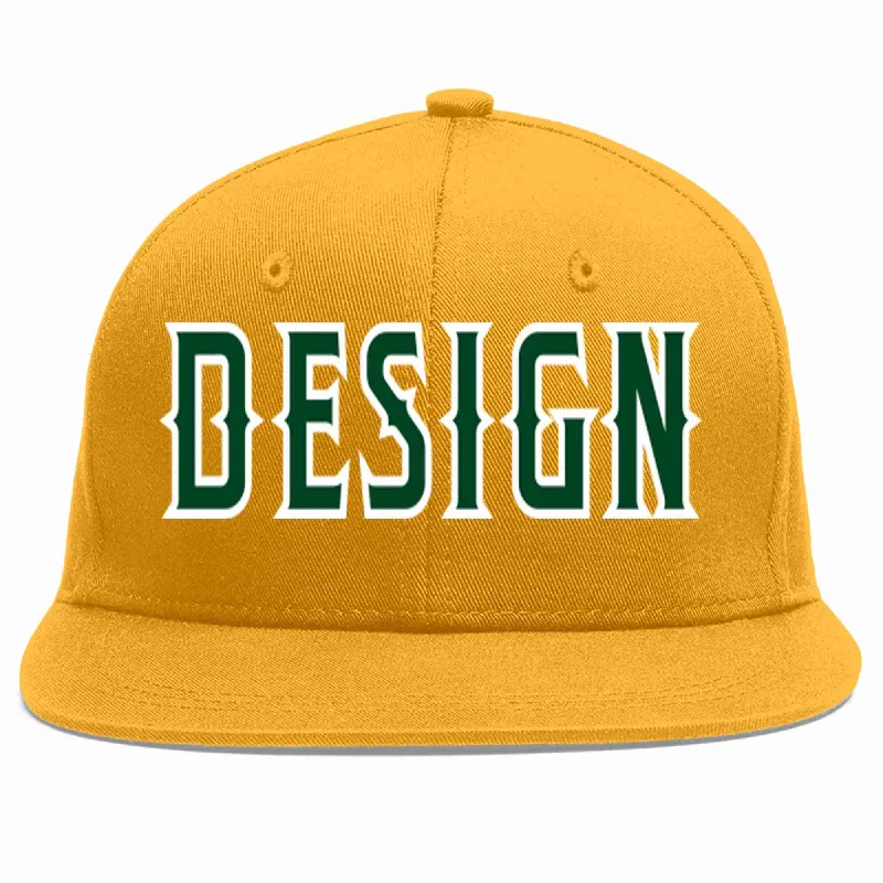 Baseball Cap With Custom Player Design-Custom Gold Green-White Flat Eaves Sport Baseball Cap Design for Men/Women/Youth