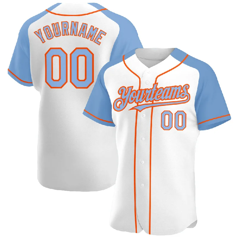 Baseball Jersey For Exclusive Team Orders-Custom White Light Blue-Orange Authentic Raglan Sleeves Baseball Jersey