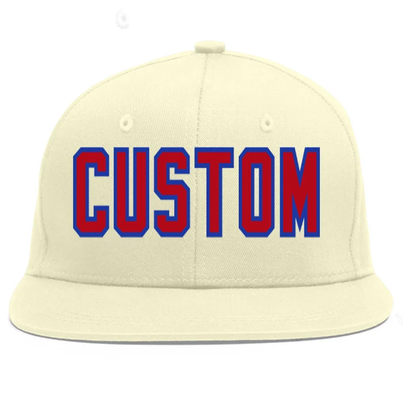 Baseball Cap For School Fan Orders-Custom Cream Red-Royal Flat Eaves Sport Baseball Cap