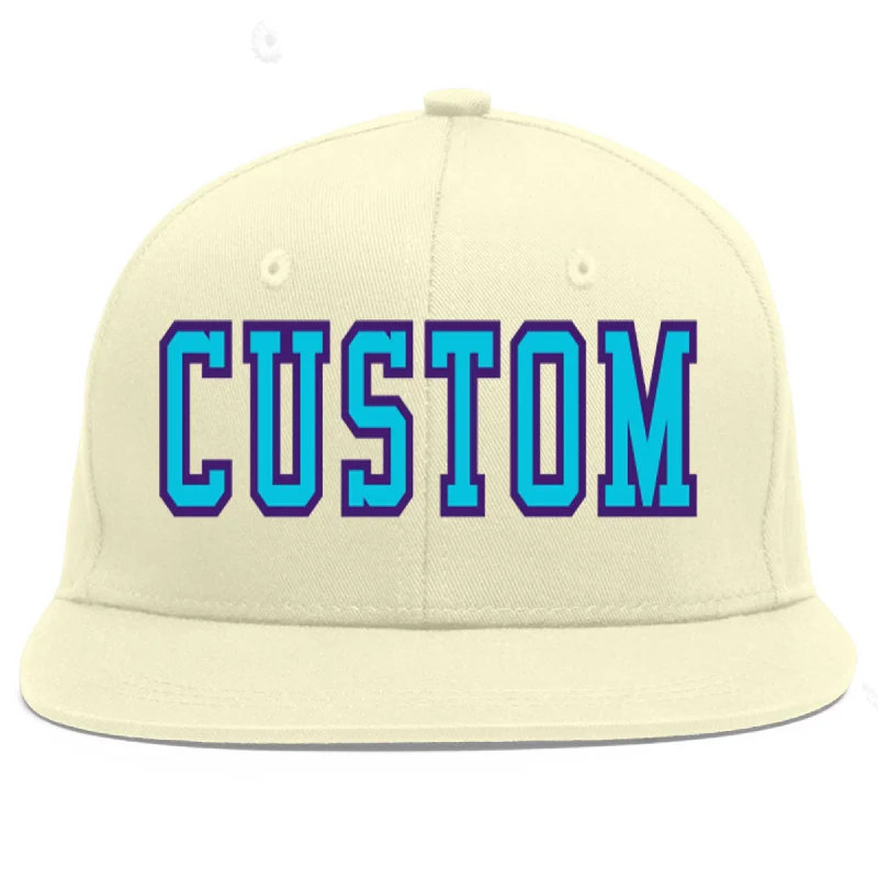 Baseball Cap For Fan Custom Gear Orders-Custom Cream Light Blue-purple Flat Eaves Sport Baseball Cap