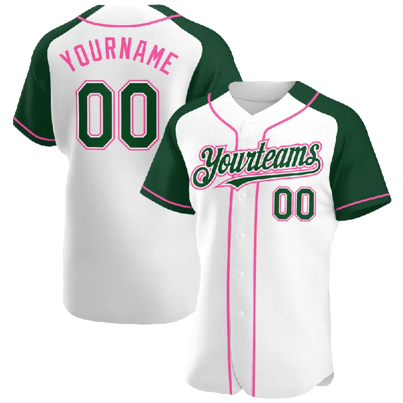 Baseball Jersey For School Fan Custom Orders-Custom White Green-Pink Authentic Raglan Sleeves Baseball Jersey