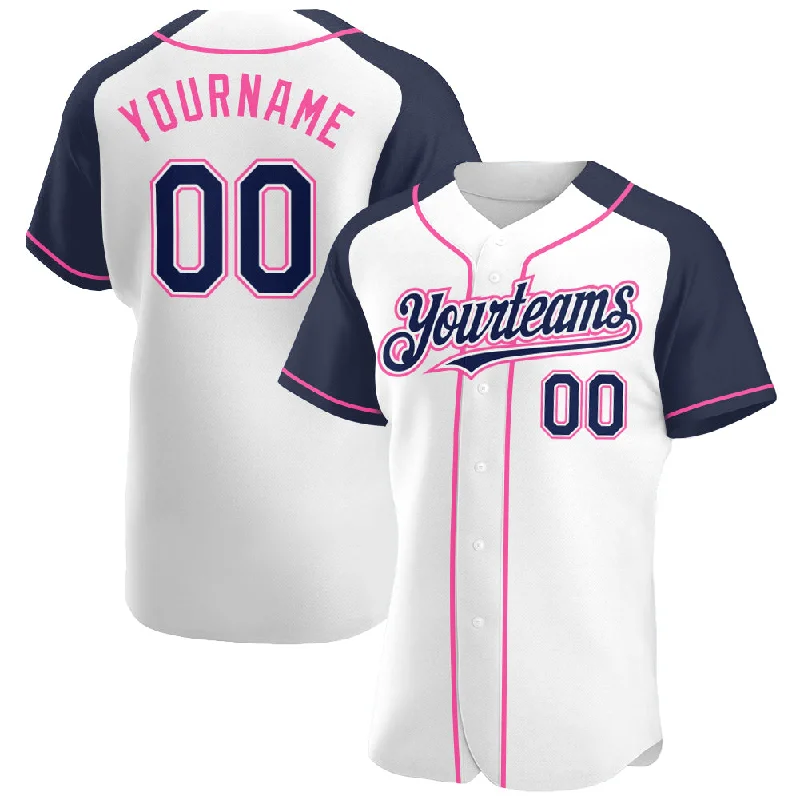 Baseball Jersey For Kids-Custom White Navy-Pink Authentic Raglan Sleeves Baseball Jersey