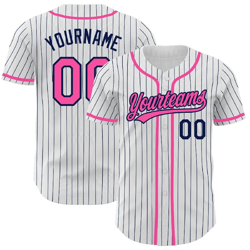 Baseball Jersey For Promotional Fan Gear-Custom White Navy Pinstripe Pink Authentic Baseball Jersey