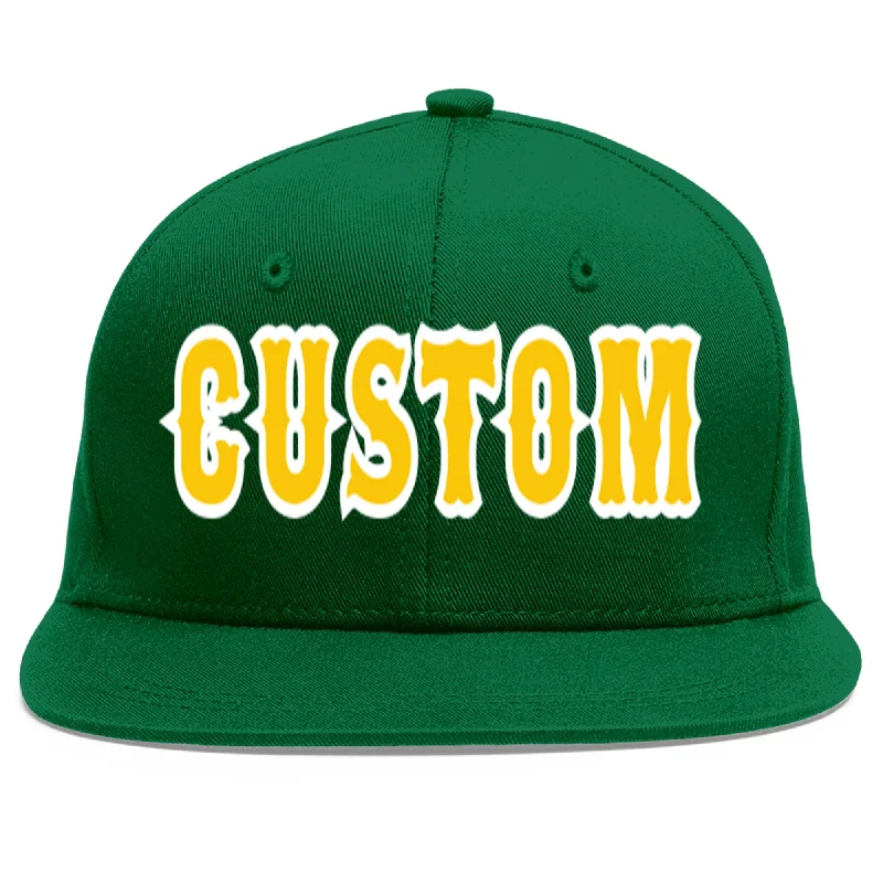 Baseball Cap With Custom Embroidered Logos-Custom Green Gold-White Flat Eaves Sport Baseball Cap