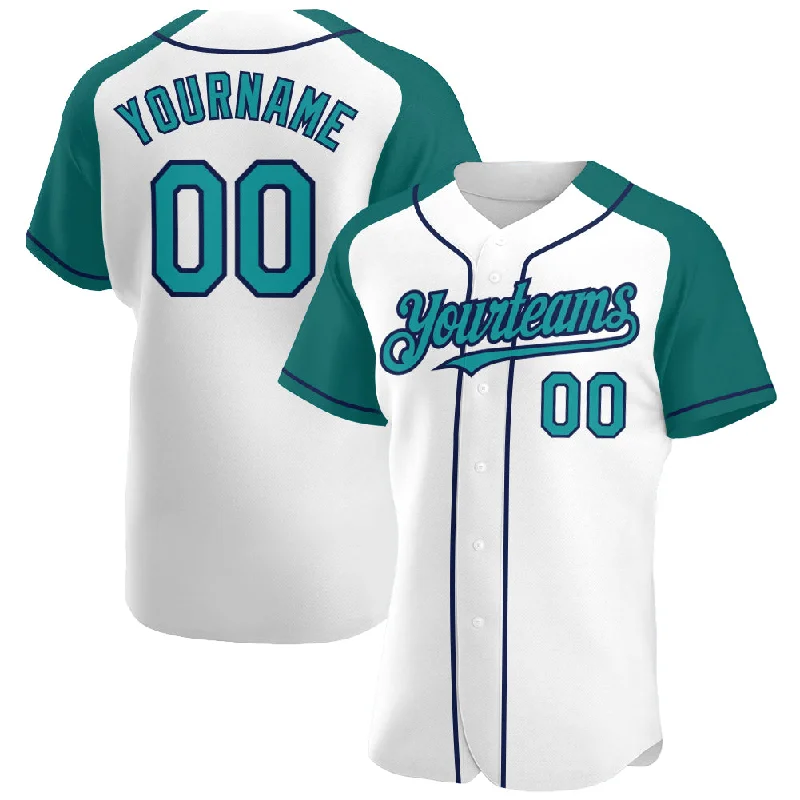 Baseball Jersey For Special Events-Custom White Teal-Navy Authentic Raglan Sleeves Baseball Jersey