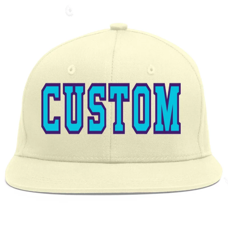 Baseball Cap For Youth Leagues-Custom Cream Light Blue-purple Flat Eaves Sport Baseball Cap