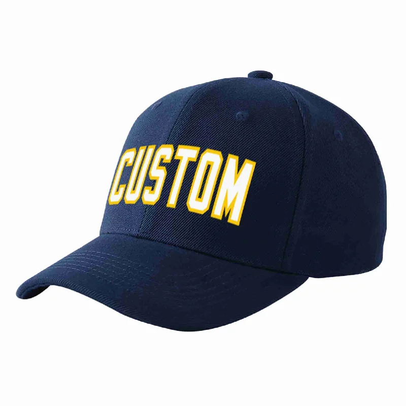 Baseball Cap For College Fan Gear-Custom Navy White-Gold Curved Eaves Sport Baseball Cap Design for Men/Women/Youth