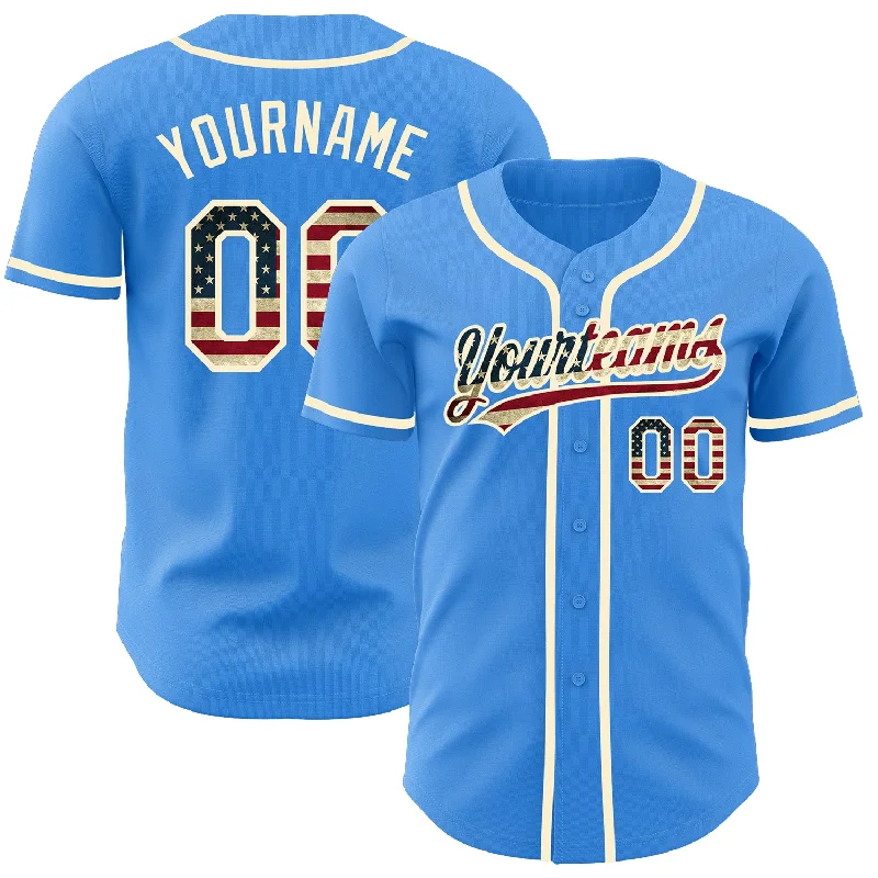 Baseball Jersey For Tournament Fan Gear-Custom Electric Blue Vintage USA Flag-Cream Authentic Baseball Jersey