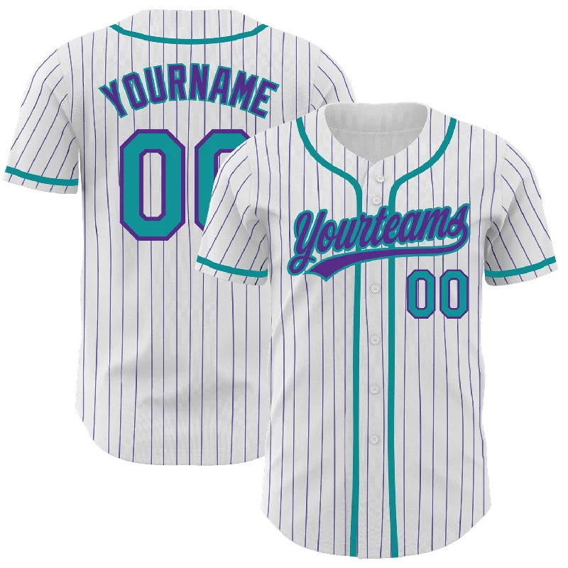 Baseball Jersey For Custom School Merchandise-Custom White Purple Pinstripe Teal Authentic Baseball Jersey