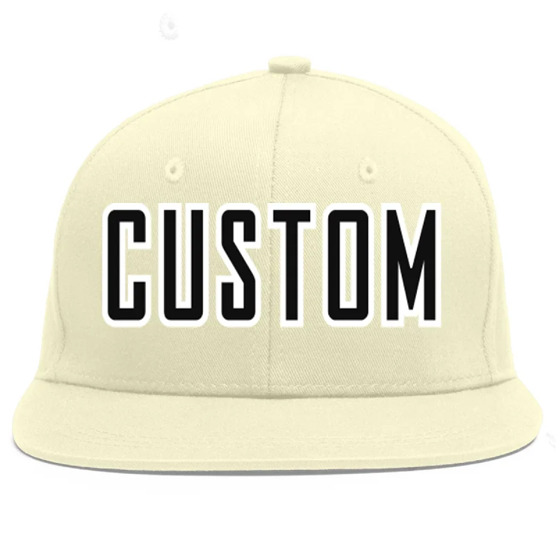 Baseball Cap For Youth Teams-Custom Cream Black-White Flat Eaves Sport Baseball Cap