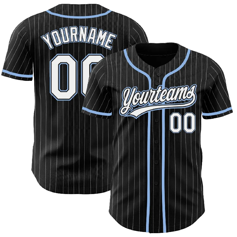 Baseball Jersey For Fan Merchandise Customization-Custom Black White Pinstripe White-Light Blue Authentic Baseball Jersey