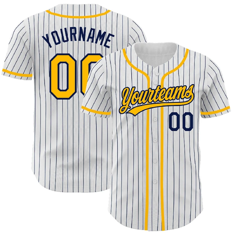 Baseball Jersey For School Fundraising-Custom White Navy Pinstripe Gold Authentic Baseball Jersey