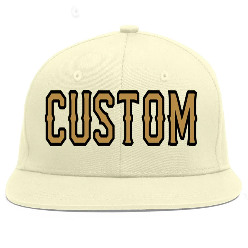 Baseball Cap With Embroidered Team Names-Custom Cream Old Gold-Black Flat Eaves Sport Baseball Cap