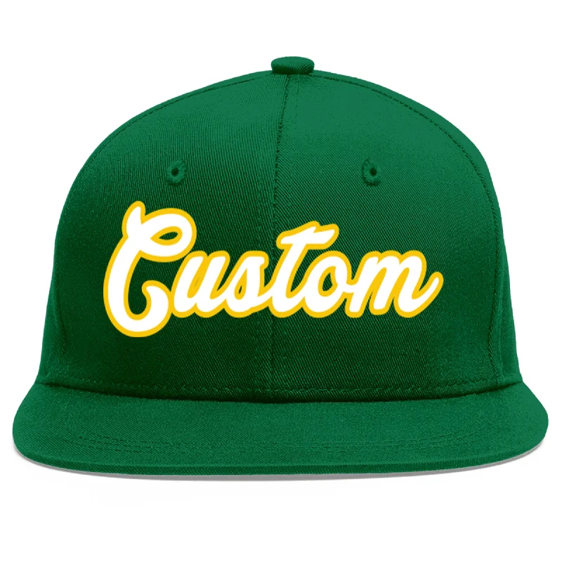 Baseball Cap For Team Logo Customization-Custom Green White-Gold Flat Eaves Sport Baseball Cap