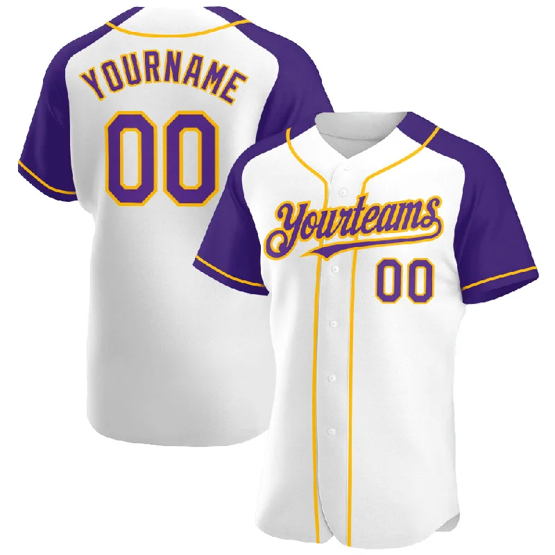 Baseball Jersey For Professional Sports Customization-Custom White Purple-Gold Authentic Raglan Sleeves Baseball Jersey