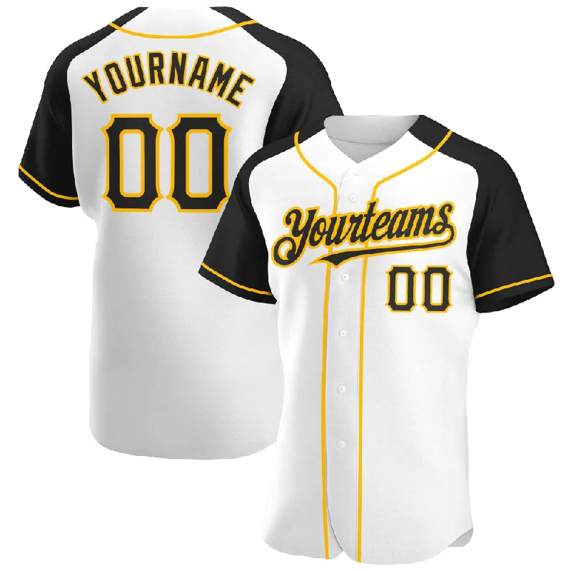 Baseball Jersey For College Fan Custom Gear-Custom White Black-Gold Authentic Raglan Sleeves Baseball Jersey