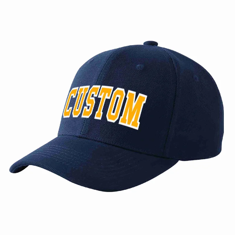 Baseball Cap For Tournament Teams-Custom Navy Yellow-White Curved Eaves Sport Baseball Cap Design for Men/Women/Youth