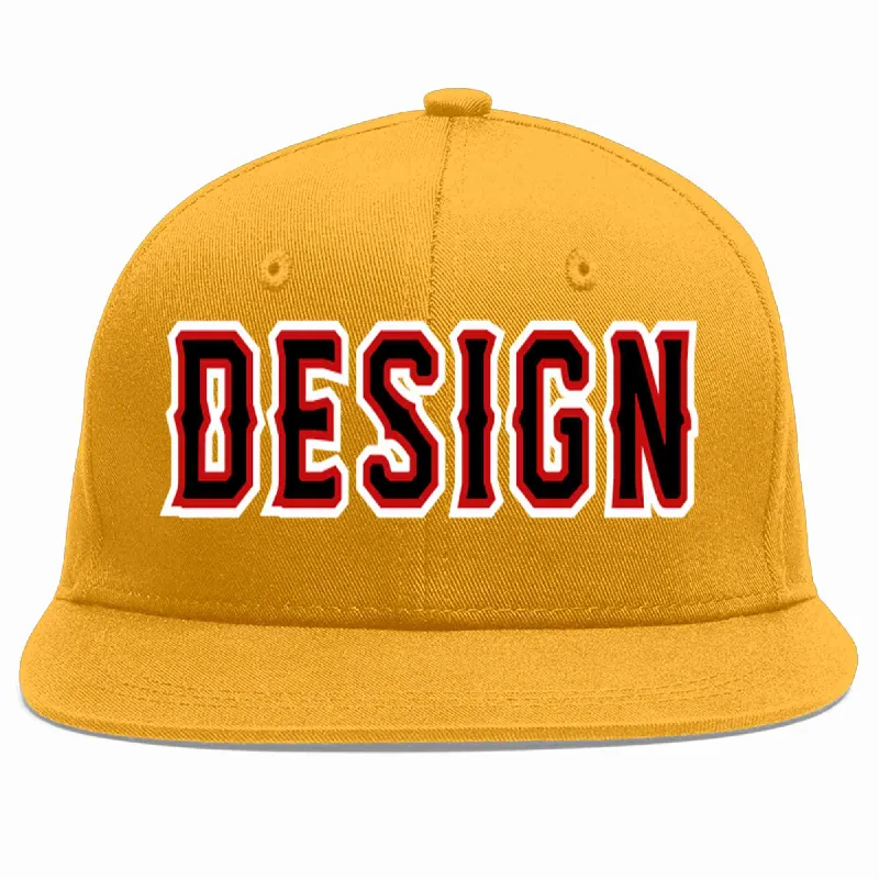 Baseball Cap For Custom Event Orders-Custom Gold Black-Red Flat Eaves Sport Baseball Cap Design for Men/Women/Youth