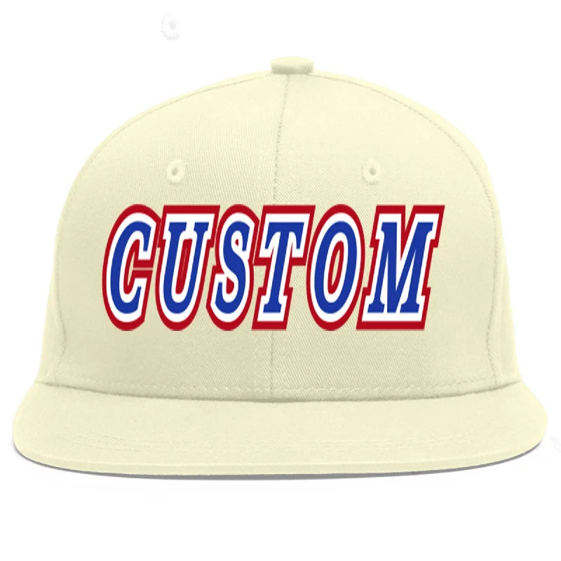 Baseball Cap For League Orders-Custom Cream Royal-White Flat Eaves Sport Baseball Cap