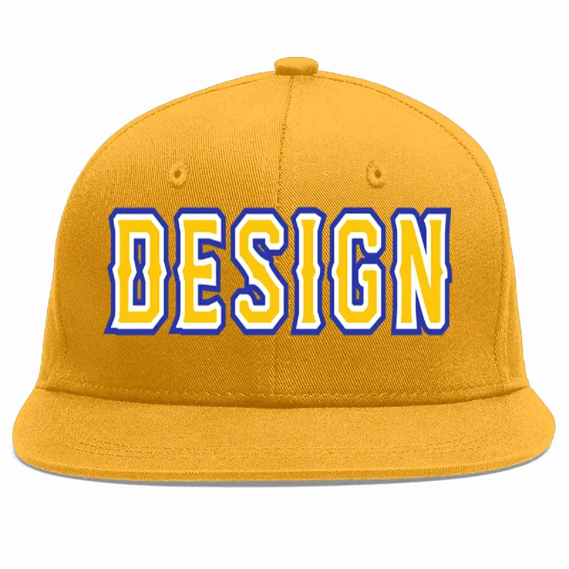 Baseball Cap For Youth Leagues-Custom Gold Gold-White Flat Eaves Sport Baseball Cap Design for Men/Women/Youth