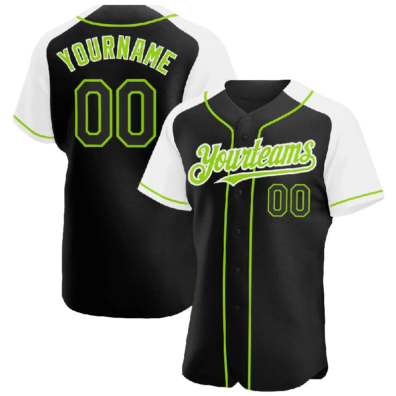 Baseball Jersey For Custom School Apparel-Custom Black White-Neon Green Authentic Raglan Sleeves Baseball Jersey