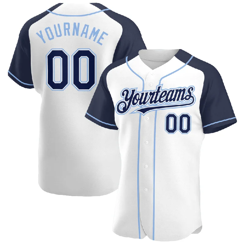 Baseball Jersey For Softball Teams-Custom White Navy-Light Blue Authentic Raglan Sleeves Baseball Jersey