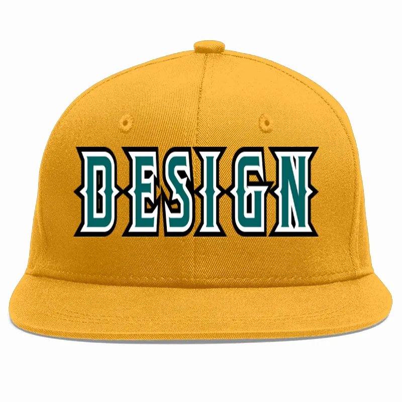 Baseball Cap With Custom Numbering-Custom Gold Aqua-White Flat Eaves Sport Baseball Cap Design for Men/Women/Youth