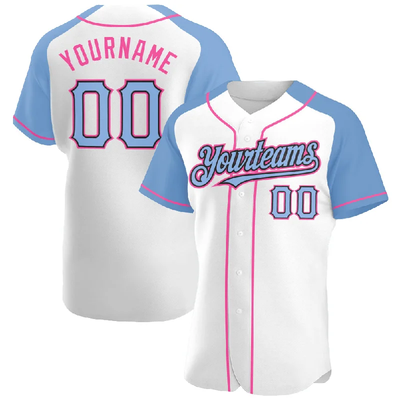 Baseball Jersey For Personalized Team Merchandise-Custom White Light Blue Black-Pink Authentic Raglan Sleeves Baseball Jersey