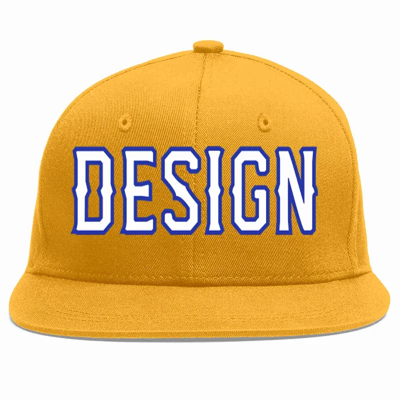 Baseball Cap For Sports Apparel-Custom Gold White-Royal Flat Eaves Sport Baseball Cap Design for Men/Women/Youth