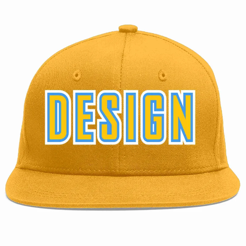 Baseball Cap For Custom Team Portraits-Custom Gold Gold-Powder Blue Flat Eaves Sport Baseball Cap Design for Men/Women/Youth