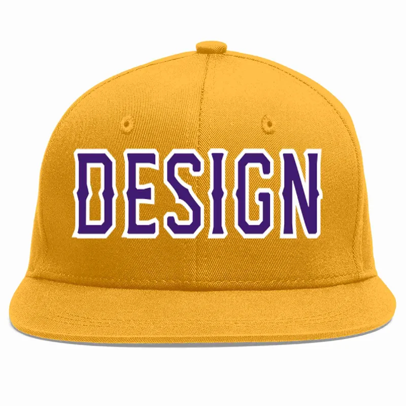 Baseball Cap For Softball Teams-Custom Gold purple-White Flat Eaves Sport Baseball Cap Design for Men/Women/Youth