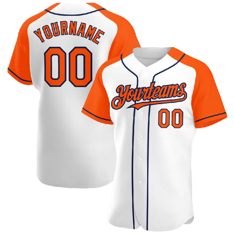 Baseball Jersey With Custom Design-Custom White Orange-Navy Authentic Raglan Sleeves Baseball Jersey