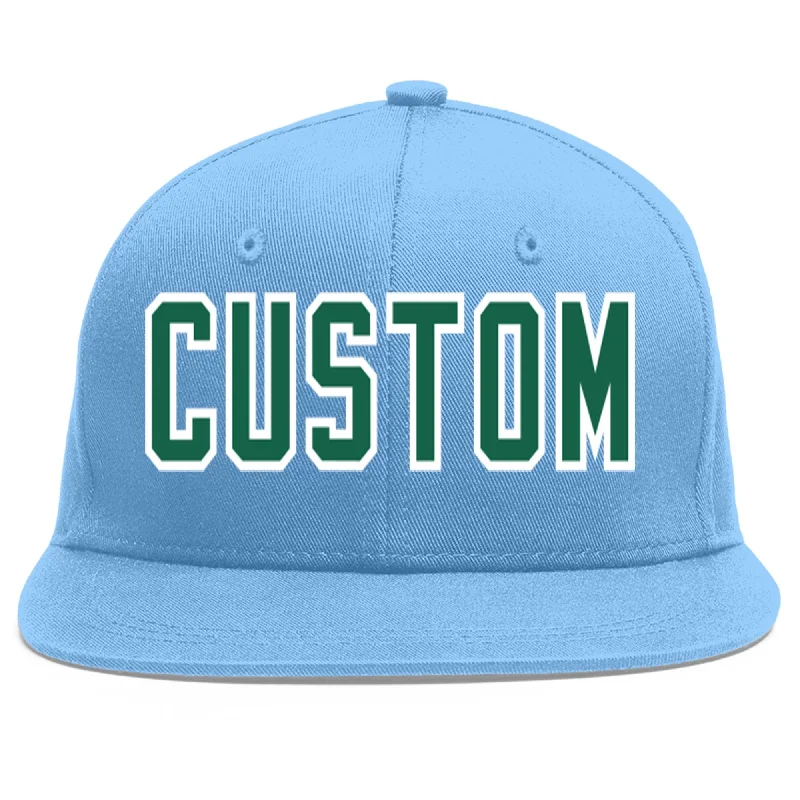 Baseball Cap For Event And Tournament Gear-Custom Light Blue Kelly Green-White Flat Eaves Sport Baseball Cap