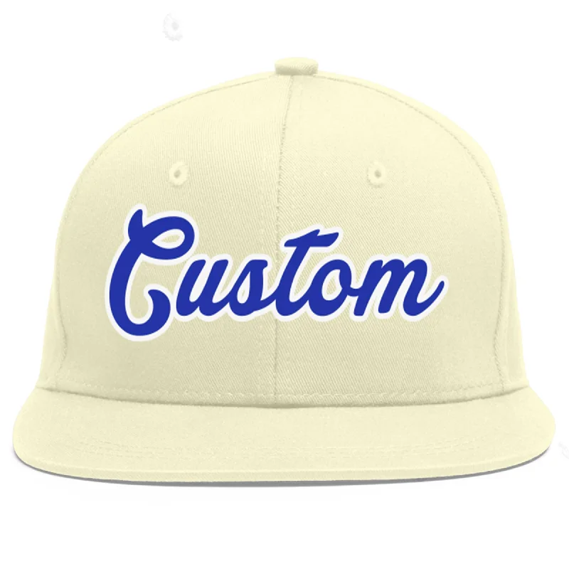 Baseball Cap For Professional Fan Apparel-Custom Cream Royal-White Flat Eaves Sport Baseball Cap