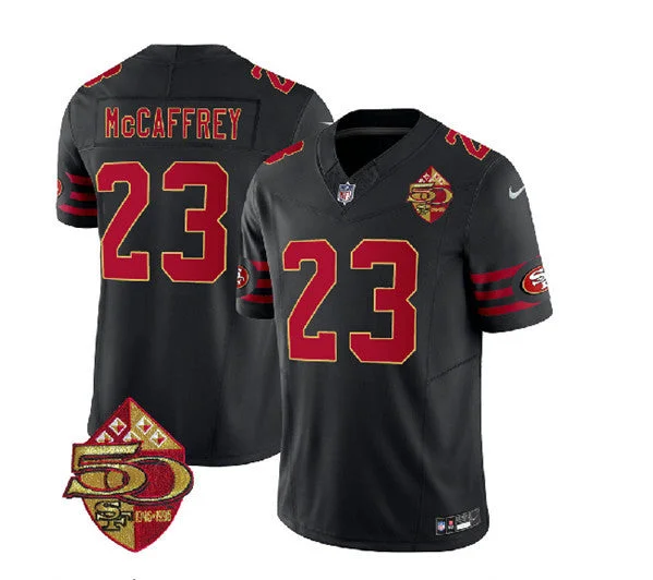 Football Jersey For Softball Custom Orders-Men's San Francisco 49ers #23 Christian McCaffrey Black 2023 F.U.S.E. 50th Patch Throwback Football Stitched Jersey