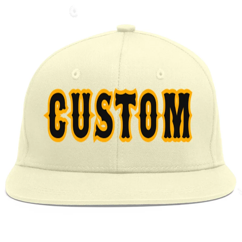 Baseball Cap With Custom Embroidered Logos-Custom Cream Black-Yellow Flat Eaves Sport Baseball Cap